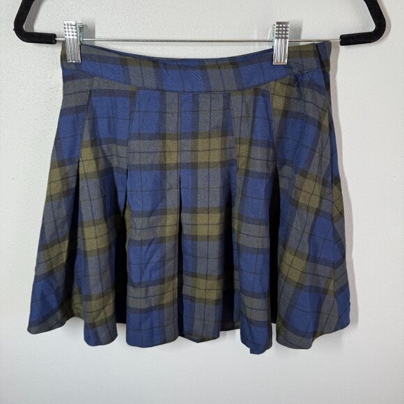 H&M Womens Plaid Pleated Mini Skirt Size 6 Blue/Green Dark Academia Grunge Punk - Picture 2 of 7